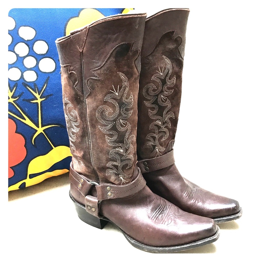 Frye leather + suede brown Lily Harness boots